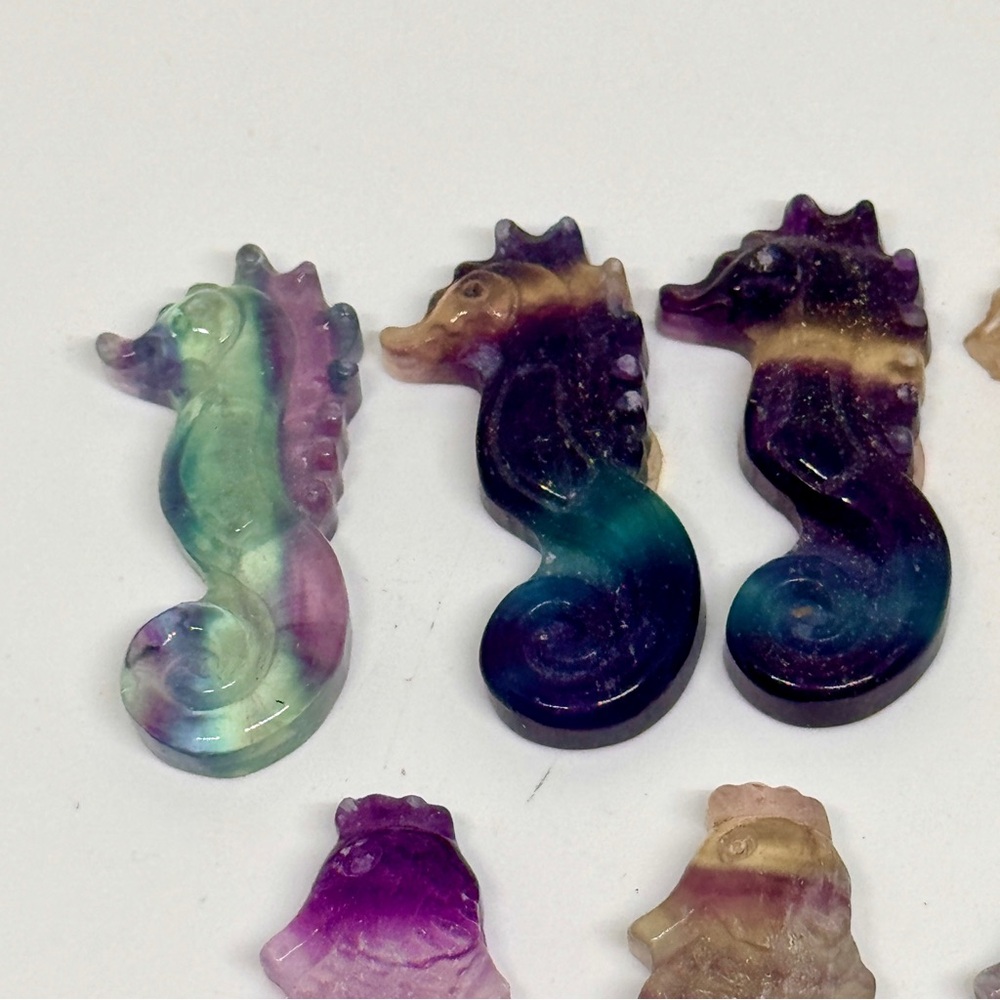 Lot of 16 Fluorite Seahorse Carvings Purple Green Crystal Figures